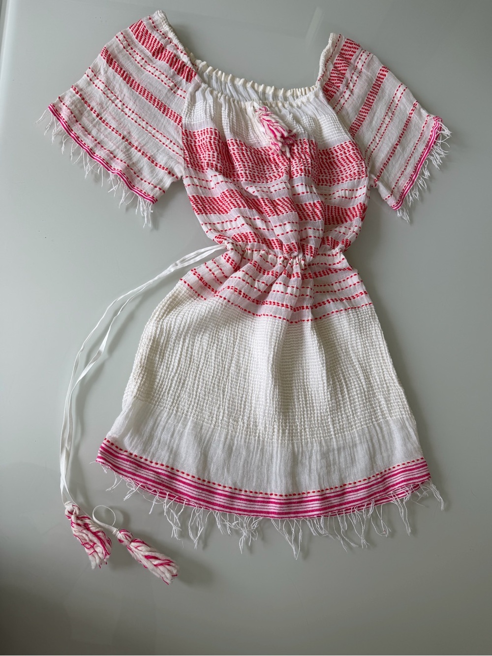 Lemlem White Gauzy Dress/Cover-up with Red Stitching